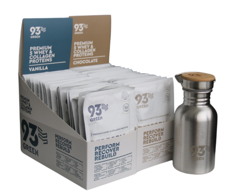 93Green vanilla and chocolate whey and collagen protein sachets with shaker