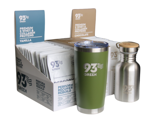 93Green whey and collagen protein variety pack: sachets, shaker, and cup