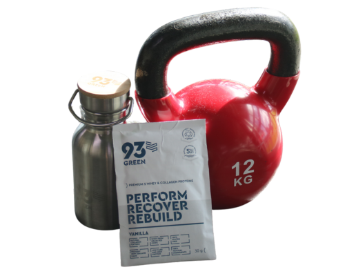 93Green whey and collagen protein shaker, vanilla sachet, and kettlebell