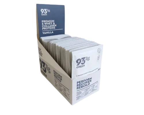 93Green vanilla whey and collagen protein sachets - open box
