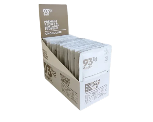 93Green chocolate whey and collagen protein sachets - open box