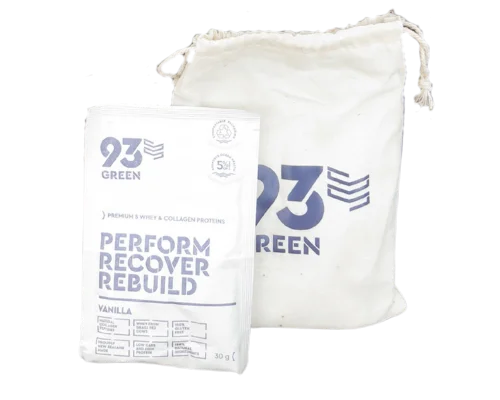 93Green vanilla whey and collagen protein sachet and sample bag