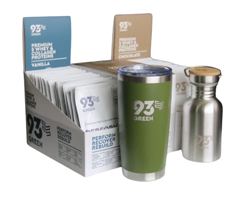 93Green whey and collagen protein variety pack: sachets, shaker, and cup