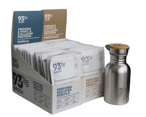 93Green vanilla and chocolate whey and collagen protein sachets with shaker