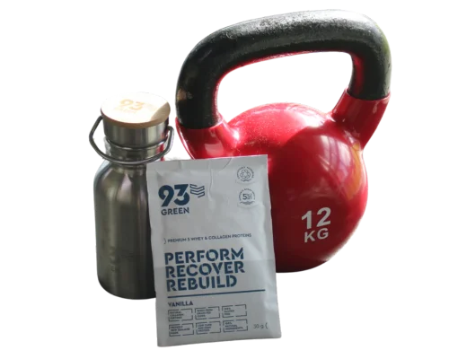 93Green whey and collagen protein shaker, vanilla sachet, and kettlebell